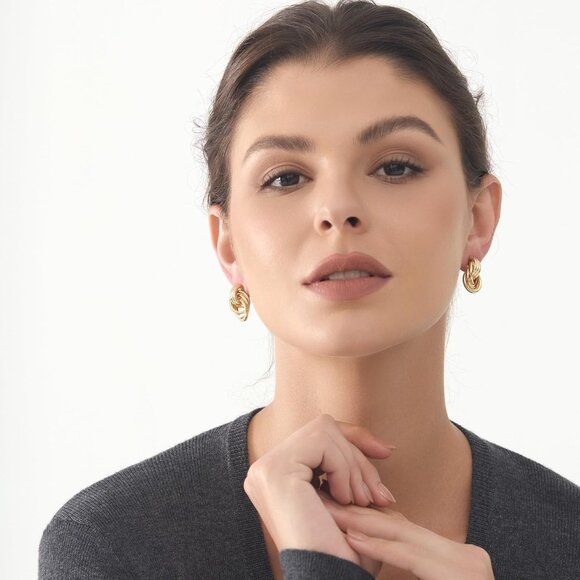 Chunky Knot Link Circle Drop Earrings Studs for Women Trendy Statement Jewelry - Picture 5 of 7